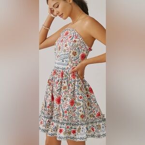 Anthropologie Strapless Floral Dress - Red, Blue, Cream